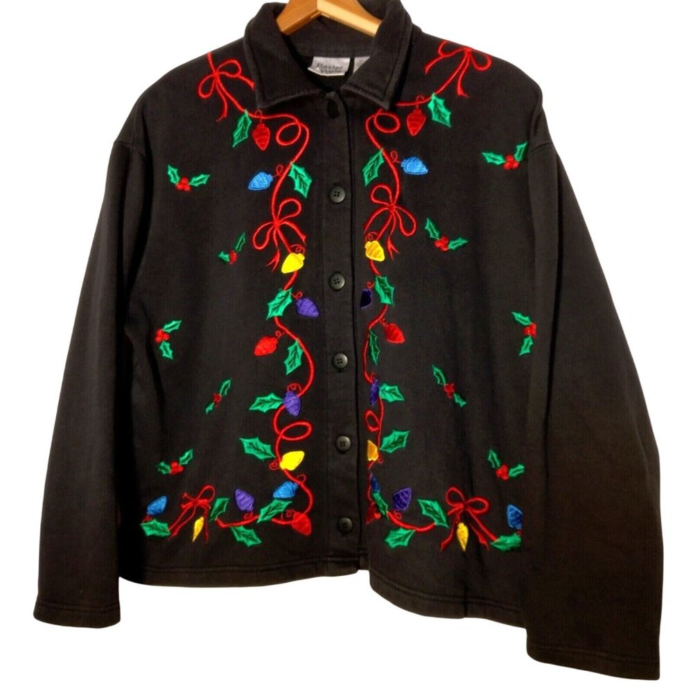 Baxter Wells Christmas Lights Shirt Large Black Button Collar Holly Holiday Top